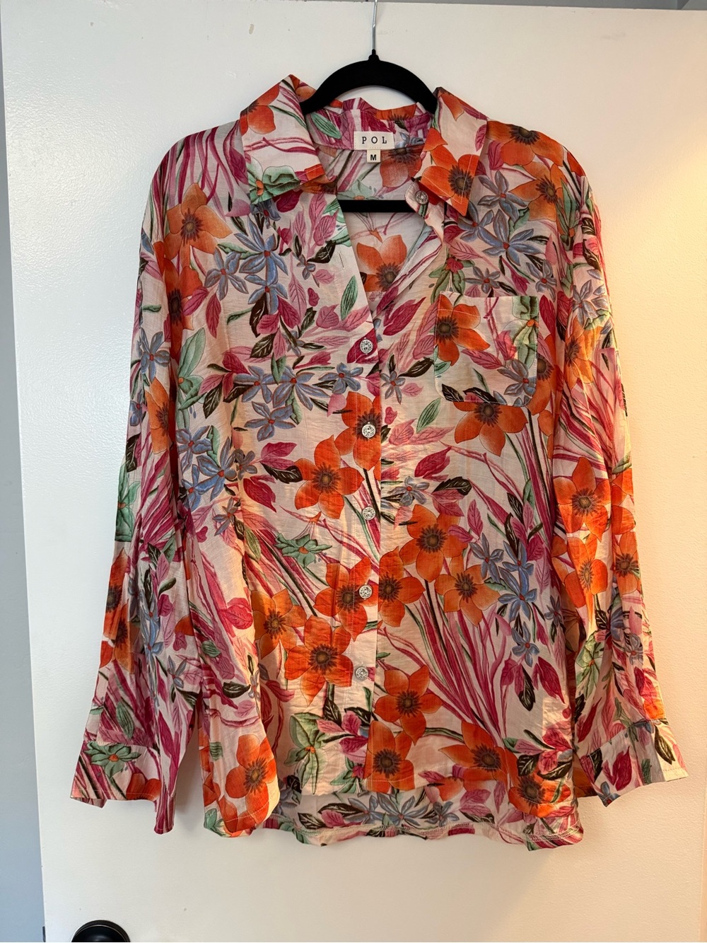 POL Floral Button-Down Blouse - Orange, Pink, Green